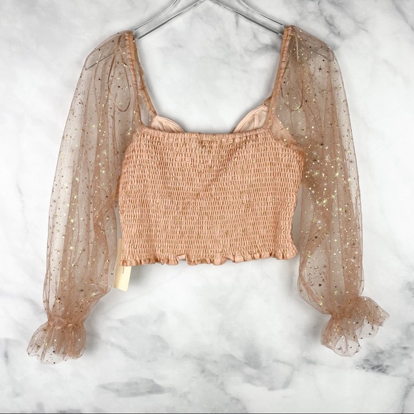 NWT Metallic Celestial Star Print Smocked Semi-Sheer Crop Blouse Top Boho Nude L - Picture 6 of 11